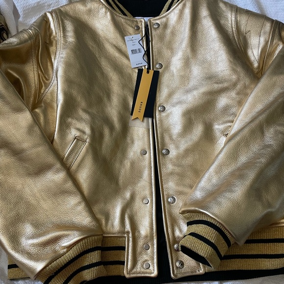 Rhude Men's Gold Leather Varsity Bomber Jacket-NWT-XL